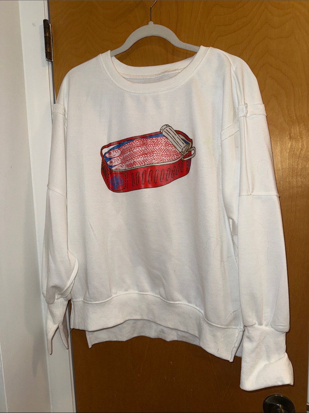 White Crewneck Sweatshirt with Red Sardine Can Graphic